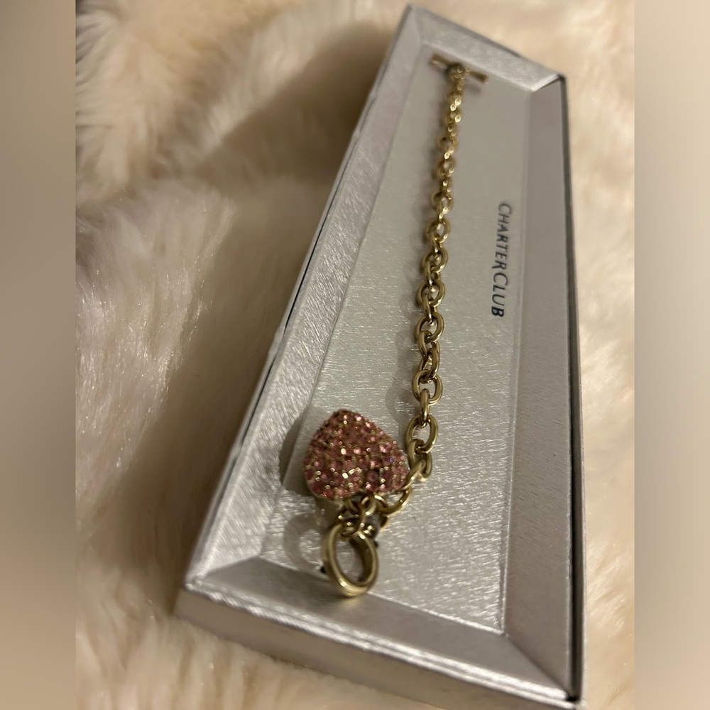 Pink Pave Puff Heart charm link bracelet NEW! - Picture 1 of 13